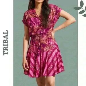 Tribal Daiquiri Combo Print Dress Fuschia Rayon Tie Waist